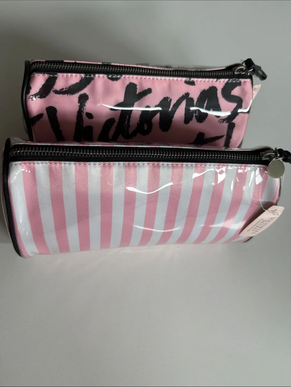 NWT Bundle of 2 Victoria's Secret Pink Striped & Script Cosmetic Pouches